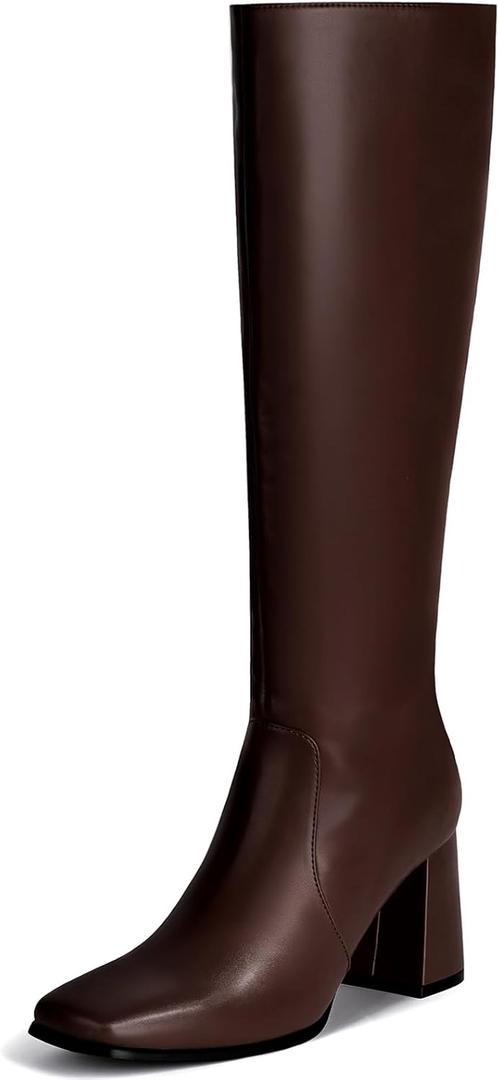 Vipost 3.35-inch Square Toe Knee High Boots for Women, Chunky Block Heel Tall Boots for Women with Side Zipper, Fashion Comfortable Long Fall Winter Boot 2025 (Coffee), Size 7.5
