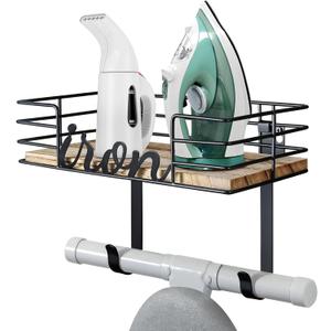 TJ.MOREE Hanger wall mount - Laundry Room Iron and ironing board Holder, Metal with Large Storage Wooden Base Basket and Removable Hooks (Black)