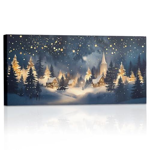 SVFGHGGN Navy Blue and Gold Rustic Winter Large Christmas Tree Framed Above Wall Art Pictures Canvas Decor Decorations for Bedroom Room Home, 40x20 Inches