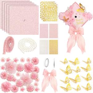 Wavwavw 58 Pcs DIY Graduation Cap Decorations Kit Grad Cap Decor Included Faux Flowers Bow Mesh 3D Butterfly Stickers, Adhesive Rhinestones, Glitter Letter Stickers, for 2026 Grad Party(Pink)