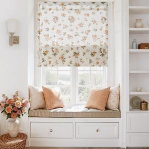 StangH Cordless Linen Floral Roman Shades, Magnetic Easy Handle Window Blind with Privacy Vintage Cottage Oak Yellow Rose Printed Blind for Home Office Nursery, W 32 x L 64, 1 Panel