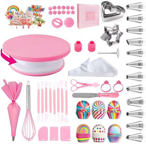 Cake Decorating Supplies Kit Tools 255pcs, Cake Decorating Set with Cake Turntable, 12 Numbered Icing Piping Tips, Cookie Cutters, Icing Smoother & Other Accessories for Cake Decoration (255, Pink)