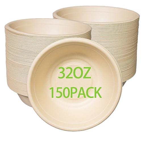 emlifepak 32oz Disposable Salad Bowls 150Pack, Big Paper Bowls, Large, Heavy-Duty, Eco-Friendly, Bulk Pack, Compostable Bowls, Biodegradable Made of Sugar Cane Fibers,Perfect For Salad