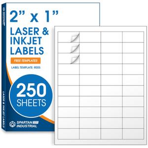 2" X 1" Matte White Printable Address Labels (250 Sheets, 10000 Labels) Mailing Labels and Barcod Stickers for Laser & Inkjet Printers - Spartan Industrial Template R005
