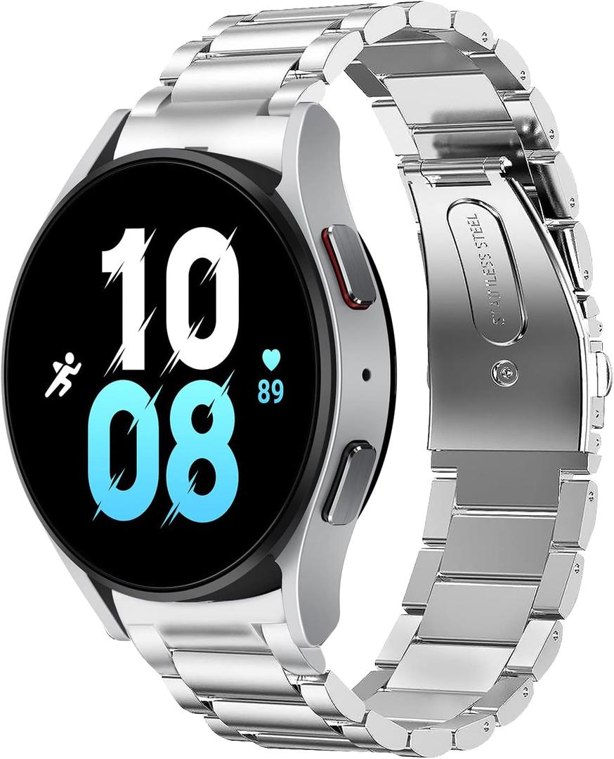 No Gaps Bands Compatible with Samsung Galaxy Watch 7/FE/6/5/4 Band 40mm 44mm, Galaxy Watch 6 Classic 47mm 43mm, Stainless Steel Metal Replacement No Gap Band Women Men Large Small (Silver)