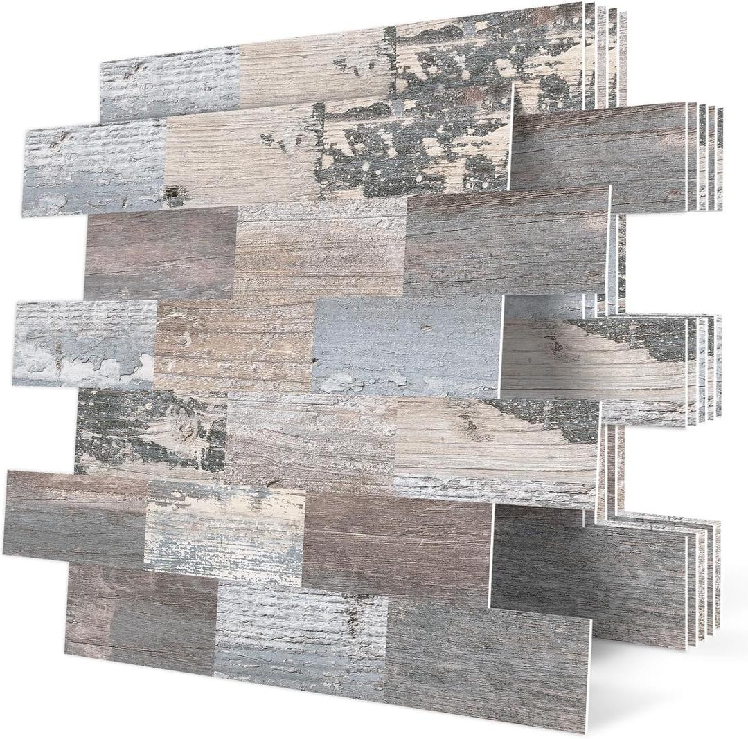 DEWOO Peel and Stick Rustic Backsplash Wall Tile Self Adhesive for Kitchen Farmhouse Faux Wood Look (10-Sheet, 13.5" x 11.4")
