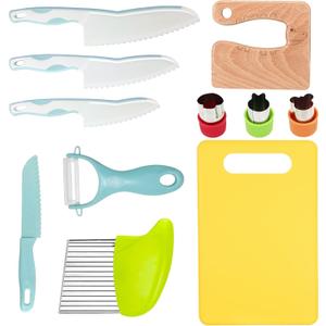 RISICULIS 11 Pieces Wooden Kids Kitchen Knife, Blue Kids Knife Set Include Wood Kids Knife, Serrated Edges Plastic Toddler Knife, Crinkle Cutter, Sandwich Cutter, Y Peeler, Cutting Board
