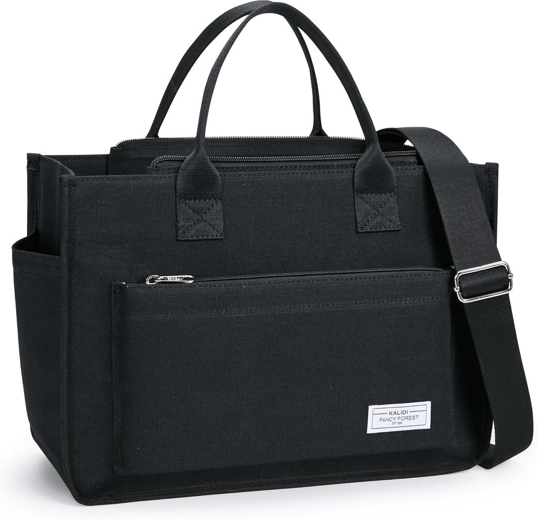 Fancy Forest Work Tote Bags for Women With Compartments, Large Canvas Crossbody Purse with Zipper for College, Travel, Bible (Upgraded-black)