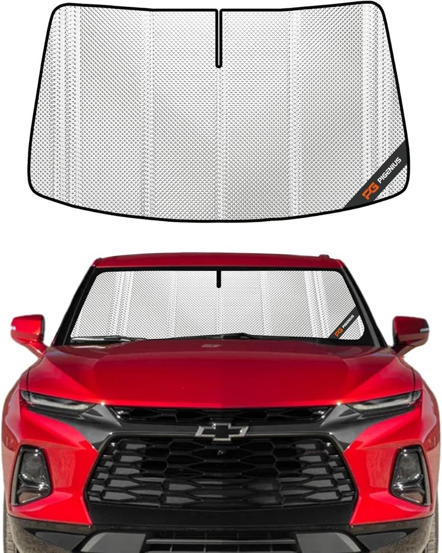 Windshield Sun Shade for Chevrolet Blazer 2019-2025. Full Coverage Rearview Mirror Shade for Ultimate Protection (Upgrade Shiny Silver)