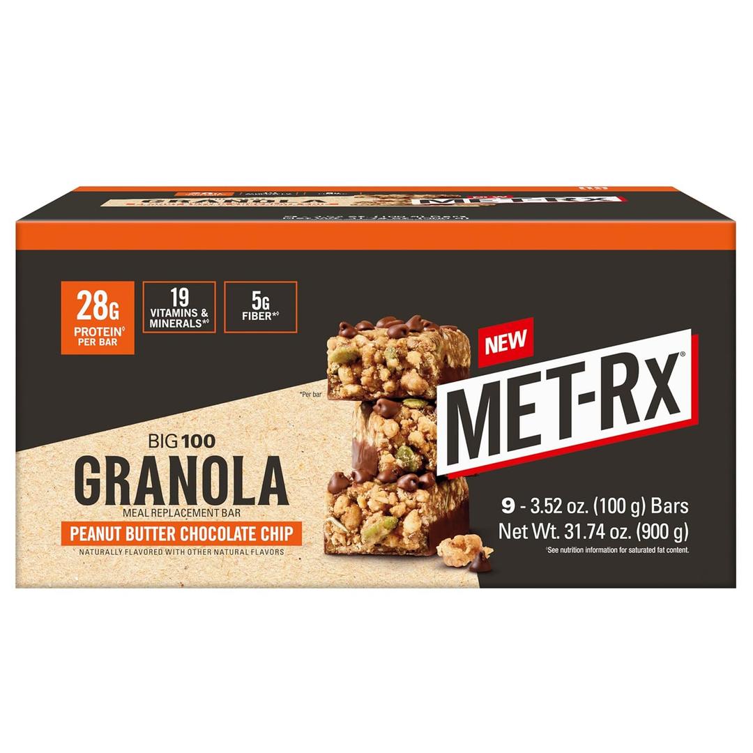 MET-Rx Big 100 Granola Protein Bar, Meal Replacement Bar, 32G Protein,Peanut Butter Chocolate Chip, Pack of 9, NOV 24/26