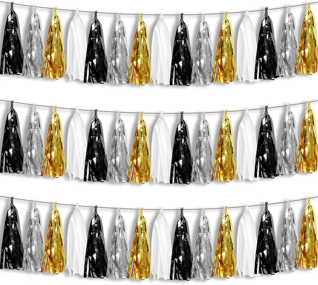 3P Black Gold Silver Foil Fringe Metallic Tassel Garland, Tassels Banner Streamers for Parade Floats, Bachelorette, Wedding, Birthday, Halloween, Christmas, Bridal/Baby Shower Party Decorations