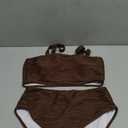 High Waisted Bandeau Bikini Set - Women Strapless Two Piece Swimsuits Ribbed Longline Full Coverage Bathing Suits Swimwear , L Brown