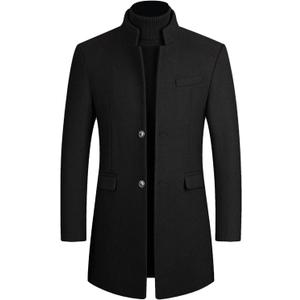 Lu's Chic Men's Long Trench Coat Single Breasted Thick Top Coats Business Button Down Overcoat Warm Dress Pea Coats with Pockets Long Sleeve Peacoat Outwear Wool Split Fashion 2025 Black Small