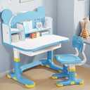 Xaperexi Kids Desk and Chair Set, Height Adjustable Child's School Study Writing Tables, Kids Desk with Bookstand and Storage Drawer, Widened Desktop with Desktop for Boys and Girls (Blue-F)