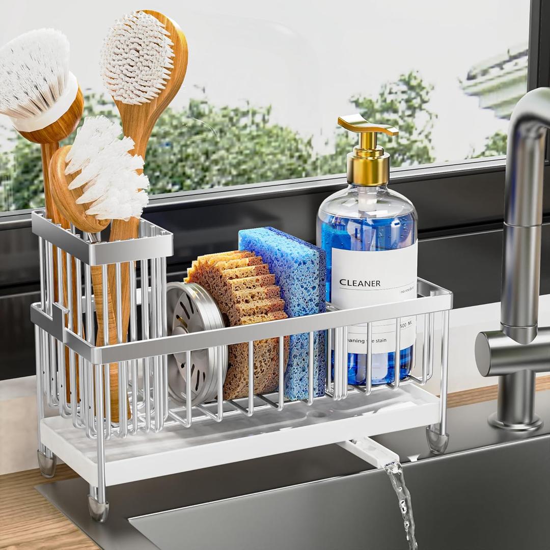 Cisily Sponge Holder for Kitchen Sink, Sink Caddy Organizer with High Brush Holder, Kitchen Countertop Organizers and Storage Essentials, Rustproof 304 Stainless Steel (Silver, 9.25)