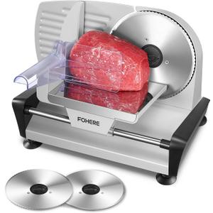 FOHERE 200W Meat Slicer for Home Use, Electric Food Slicer with Two 7.5" Sharp Stainless Steel Blade(Serrated + Smooth) & 0-15mm Precise Thickness Cut Deli Food, Meat, Bread, Fruit, Vegetable, Silver
