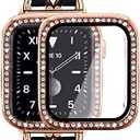 Mosonio Compatible for Apple Watch Band 44mm with Screen Protectors Case Women, Jewelry Bracelet Metal Bands with 2P Bling Cover for 44mm iWatch Series SE 6 5 4(Rose Gold Link with Black Leather)