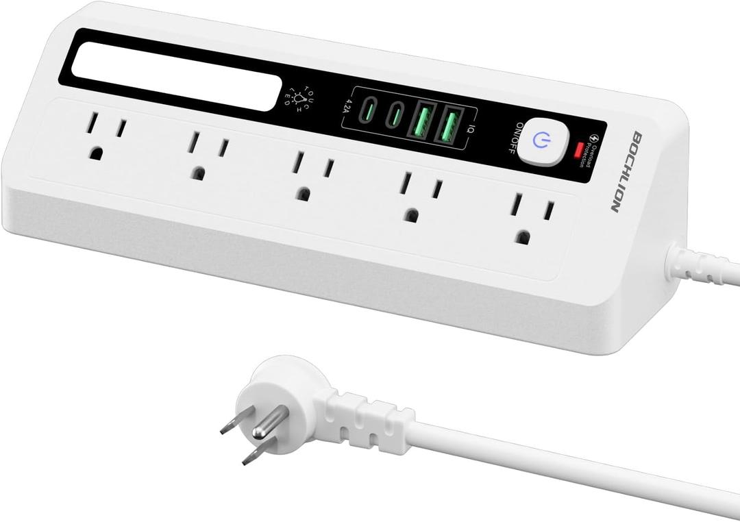 Desk Extension Lead with USB Slots, BOCHLION 2 USB C and 2 USB A Ports Power Socket with Night Light, 5 Way Plug Extension Socket Surge Protector, Desktop Power Strip 1.8M for Home Office (White)