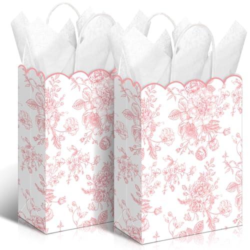 Kolldenn 24 Pcs Pink Floral Gift Bags with Handles Wildflower Party Favor Candy Treat Goodie Bags Scalloped for Birthday Decoration for Bridal Baby Shower Party Supplies