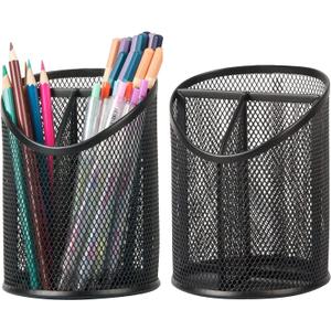 2 Pack Pen Holder Mesh Round Pencil Holder Desktop Organizer 3 Compartments, Black
