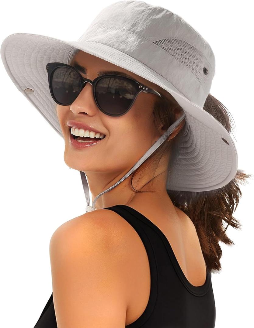 FURTALK Womens Sun Hat with Ponytail Hole Beach Hiking Summer Wide Brim UPF 80+ Outdoor Protection Foldable Bucket Hat (Gray)