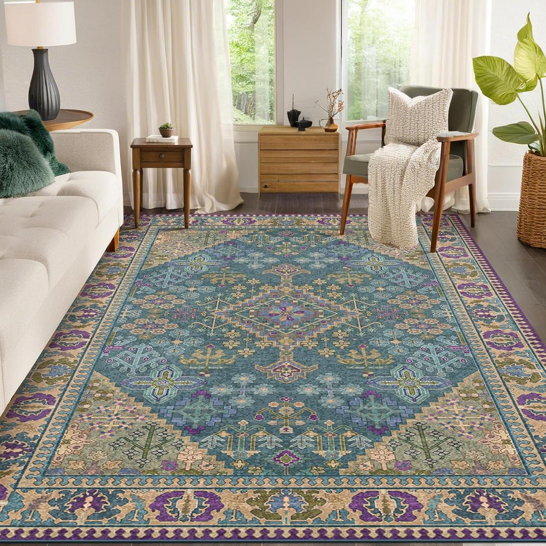 5x7 Boho Machine Washable Low Pile Area Rugs for Living Room Teal Purple