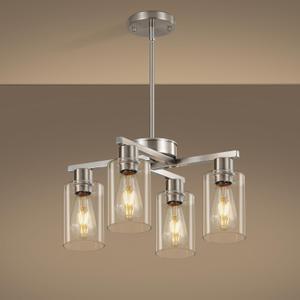 4-Light Brushed Nickel Dining Room Light Fixture, Modern Industrial Kitchen Chandelier Over Table, Adjustable Height Hanging Pendant Light for Kitchen Island, Entryway with Clear Glass Shade