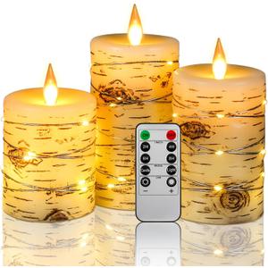Flameless Candle LED Candles Hand Painted Birch Bark Effect Recessed Light String Candle Set of 3(H4,5,6") Ivory Real Wax Pillar Battery Operated Candles with Dancing LED Flame 10-Key Remote Control