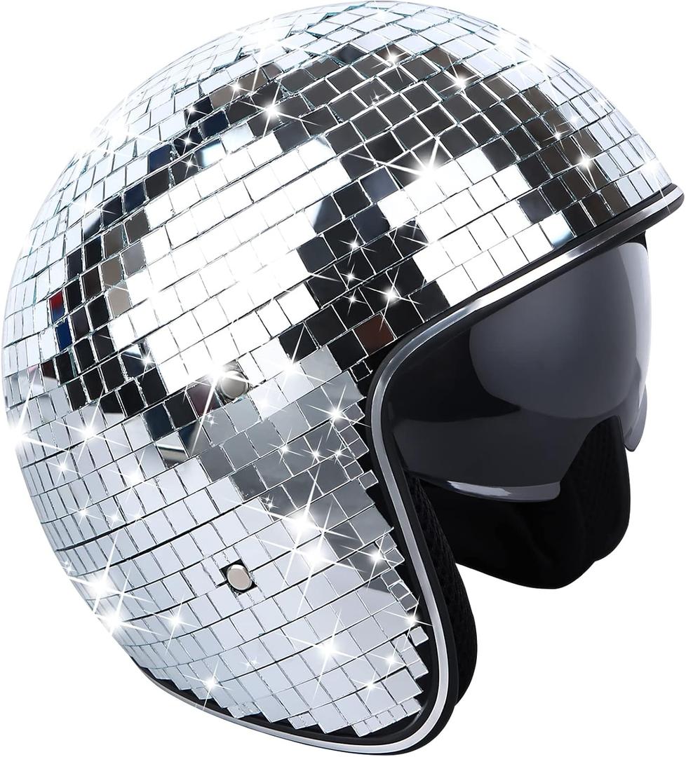 Disco Ball Helmet with Retractable Visor Silver Glitter Mirror Glass Disco Ball Hat Helmet for Women Men DJ Club Stage Bar Party Wedding, Large
