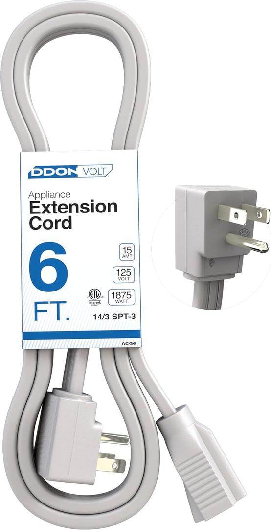 Appliance Extension Cord - 6ft Heavy Duty Gray Extension Wire for Air Conditioner, Refrigerator, & All Major Appliances - 14 Gauge High Voltage 3 Prong Flat-End Appliance Cord, for Indoor use (6 Feet)
