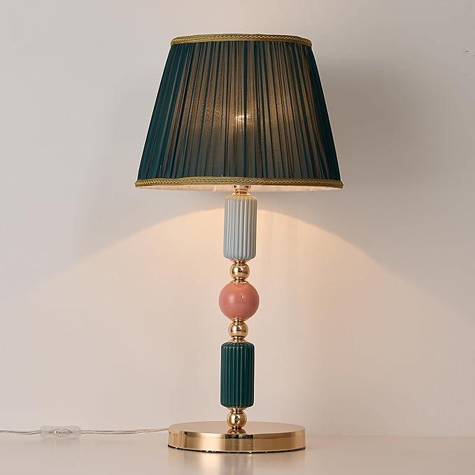 Green Fabric Shade Table Lamp Modern Metal Desk Lamp with Plug Cord Switch for Bedroom Bedside