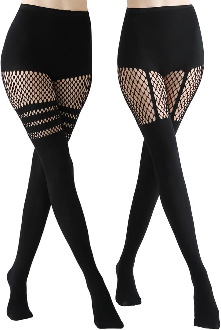 2 Pairs Faux Thigh High Tights Mock Suspender Pantyhose for Women Fishnet Tights Over the Knee Goth Stockings (One Size, 1 Suspender + 1 Striped)