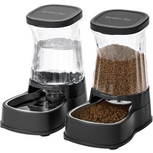 Automatic Pets Gravity Feeder and Water Dispenser Set with Stainless Steel Bowl, 1Gallon x 2 Stable Dog Food Feeder and Waterer, 100% BPA-Free for Small&Medium Dogs, Cats, Puppies(Black)