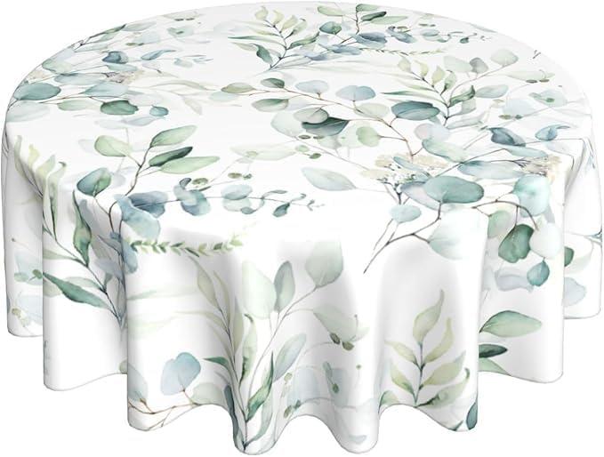 AGAYNA Spring Tablecloth Round 60 Inch Sage Green Leaf Floral Table Cloth,Stain Resistance Polyester Summer Eucalyptus Branch Leaves Table Covers for Kitchen Dining,Small Tablecloth for Party Picnic