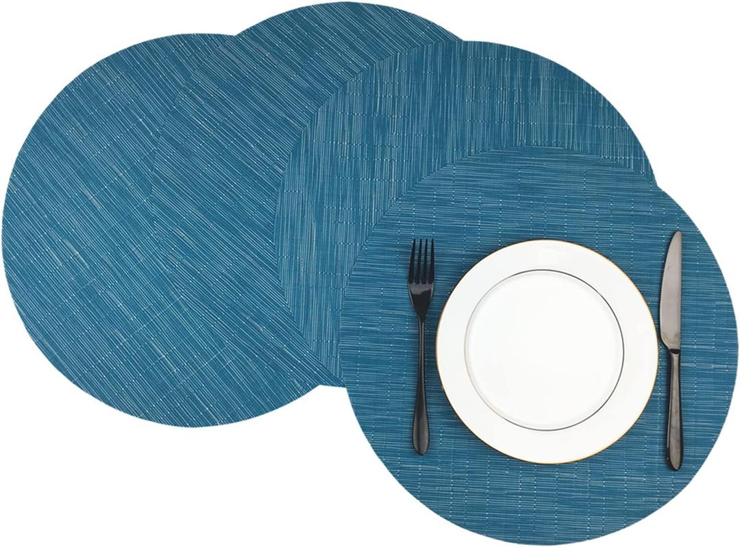 WAZAIGUR Round Placemats Set of 4 Woven Vinyl Easy to Clean Heat Resistant Kitchen Table Mats 15 Inch(Blue 4)