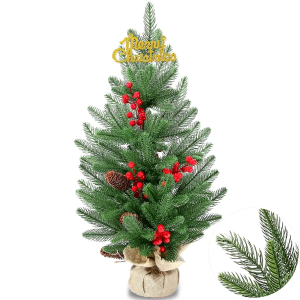 28 Inch Tabletop Christmas Tree, 2.33 Ft Artificial Small Little Real Natural Touch Pine Tree with Red Berries Pine Cones Merry Christmas for Indoor Table Desk Home Bedroom Christmas Decorations