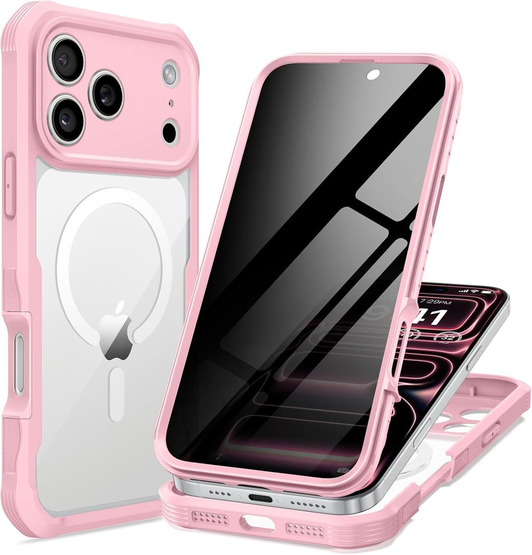 Seacosmo for iPhone 17 Pro Max Case, Full Body Bumper with Built-in Tempered Glass Privacy Screen Protector and Camera Lens Protection, Compatible with MagSafe, Shockproof Phone Case, 6.9", Pink
