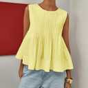 Wyeysyt Womens Pleated Peplum Tops Summer Sleeveless Ruffled Tank Tops Babydoll Blouse Casual Shirred Flowy Shirts (Yellow)