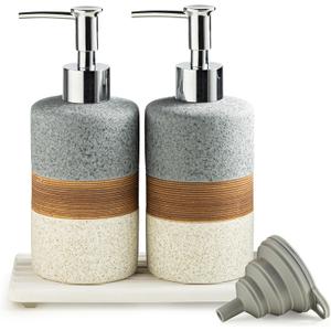 Cormomu Ceramic Soap Dispenser Set(2 Pack)  Hand Soap, Dish Soap, Shampoo & Shower Soap Dispenser for Bathroom & Kitchen, Stainless Steel Pump, Includes Silicone Funnel & Diatomaceous Tray, Gray