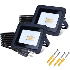 MIWAT 20W 2Pack LED Flood Light with 5FT Cord, Plug in Safety Lights for Flag, Garden, Indoor and Doorway (Black Shell, Warm White)