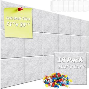 18 Pcs Large Cork Board 70“x35”, 12" Grey Felt Board Alternative, with 100 Push Pins & Sticky Notes, Self-Adhesive Bulletin Board for Wall, for Home Kitchen, Wall Tiles for Photos Memos
