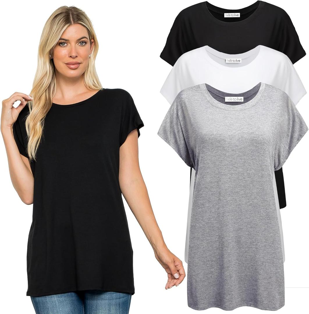 Free to Live 3 Pack Extra Long Tshirts for Women Tunic Tops to Wear with Leggings Short Sleeve Tee Workout T Shirts Loose Fit (Large)