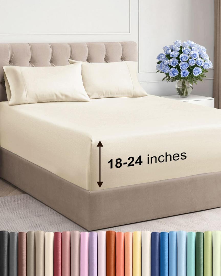 Extra Deep Pocket Queen Sheet Set  4 Piece Breathable & Cooling Bed Sheets  Hotel Luxury Sheet Set  Ultra Soft, Wrinkle Free & Comfy  Easily Fits Extra Deep Mattresses  Deep Pocket Wheat Sheets