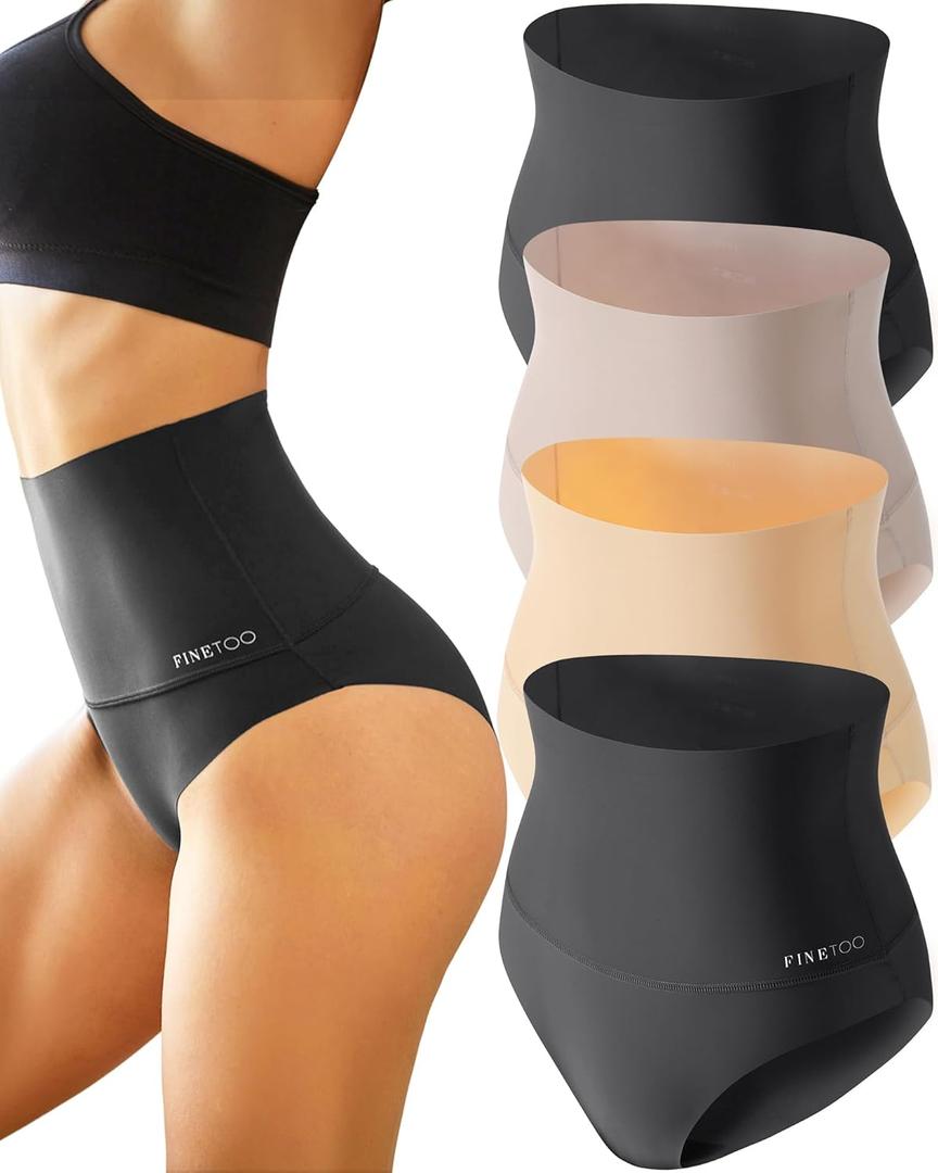 FINETOO Tummy Control Underwear for Women High Waisted Nylon Brief No Show Womens Bikini Seamless Panties 4pack (Medium)