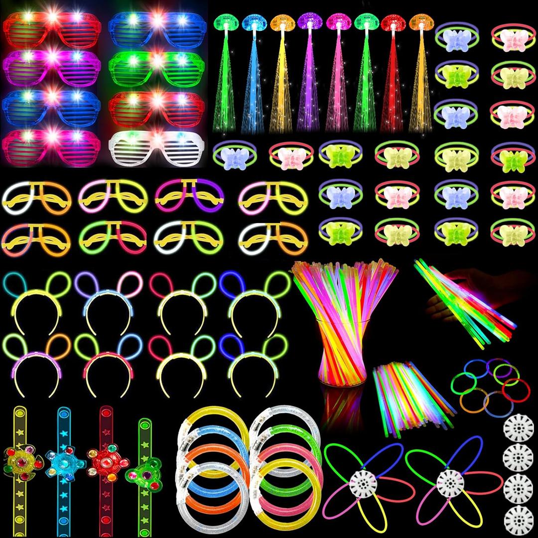 170PCS Glow in the Dark Party Supplies, Glow Sticks Bulk Party Pack, 8PCS LED Glasses, 8PCS LED Hair Clips Fiber Optic, 8PCS Glow Bracelets, 4PCS LED Fidget Spinner Bracelets, 100PCS Glow Sticks, etc