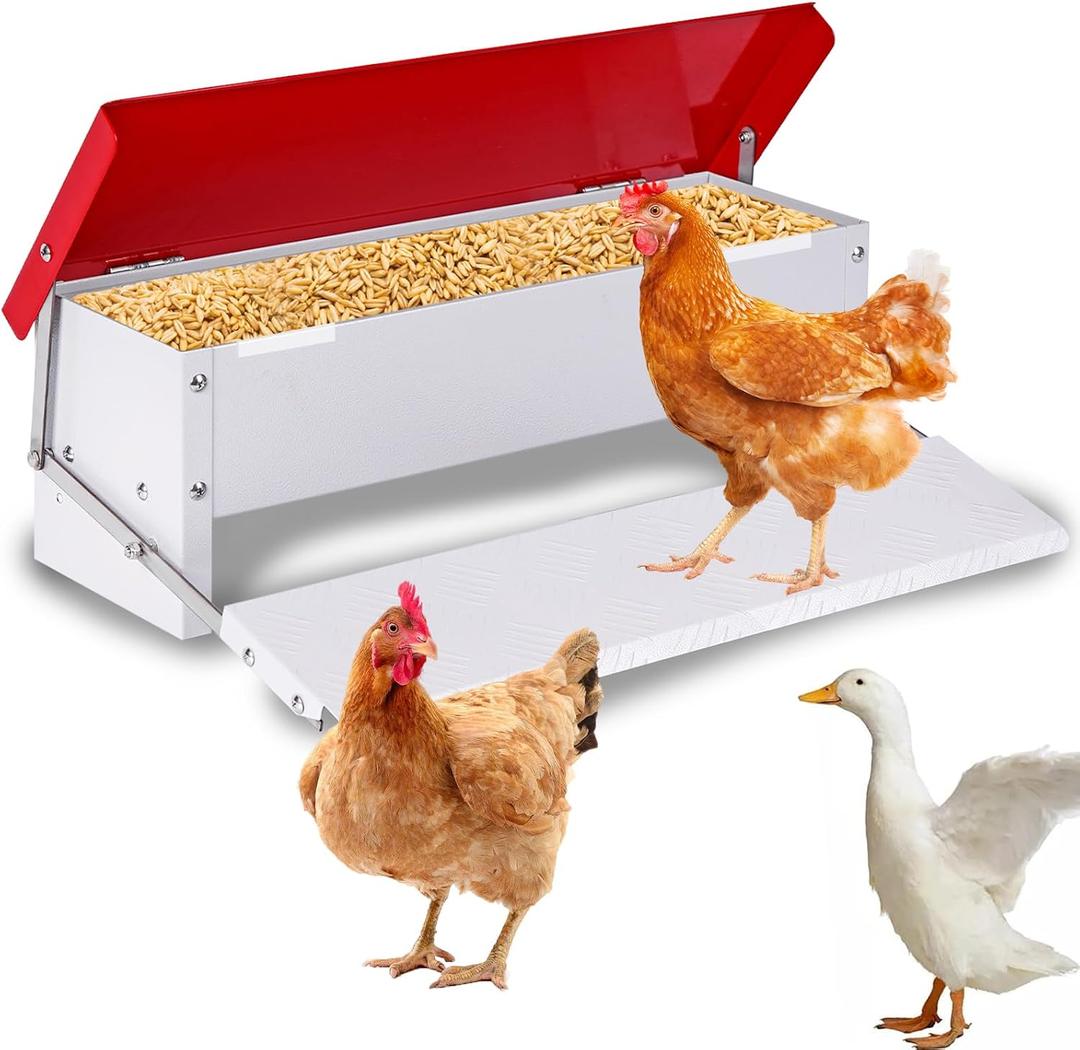 Automatic Chicken Feeder, Galvanized Treadle Poultry Feeder No Waste, Rainproof Metal Auto Chicken Feeder Rat-Proof, No-Spill for Duck Turkey Outside