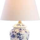 JONATHAN Y 22" Blue/White Ceramic Table Lamp, French Country Chinoiserie Ginger Jar LED Bedside Lamp for Living Room Bedroom, White Linen Shade, JYL3005A