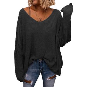 BZB Women's V Neck Long Sleeve Knit Loose Oversized Pullover Sweater Top (Medium, Black)