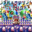 Birthday Party Decorations,50PCS latest Mario Cartoon Theme Supplies - 1 large cake plugin, 1 Backdrop, 1 Banner,6 decorative pendants, 1 Tablecloth, 24 Cake Toppers, 16 Latex Balloons.
