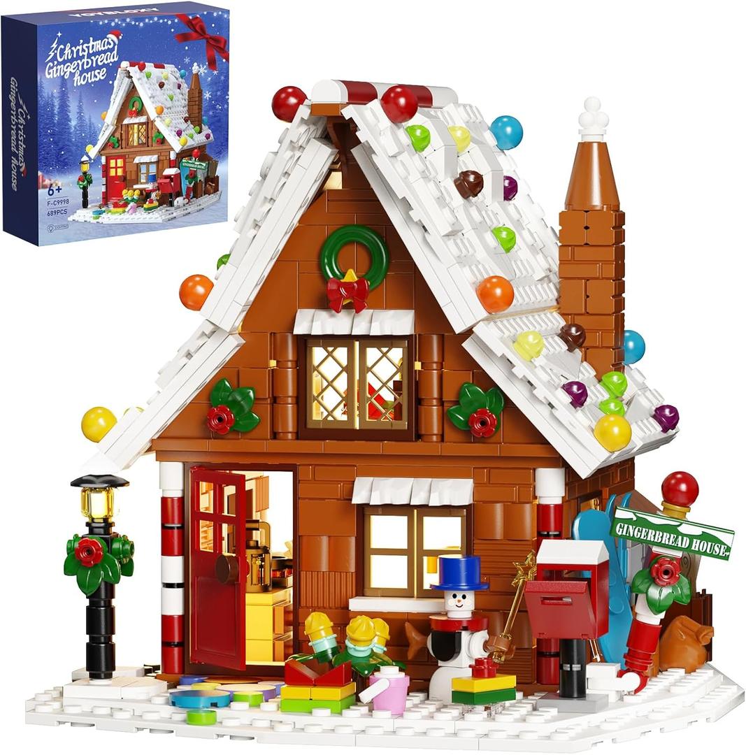 Christmas Gingerbread House Building Kit with LED Lights, Christmas Village House Blocks Set, Compatible with Lego, Xmas Decorative Gifts for Girls and Boys, Kids and Adults, Ages 6+